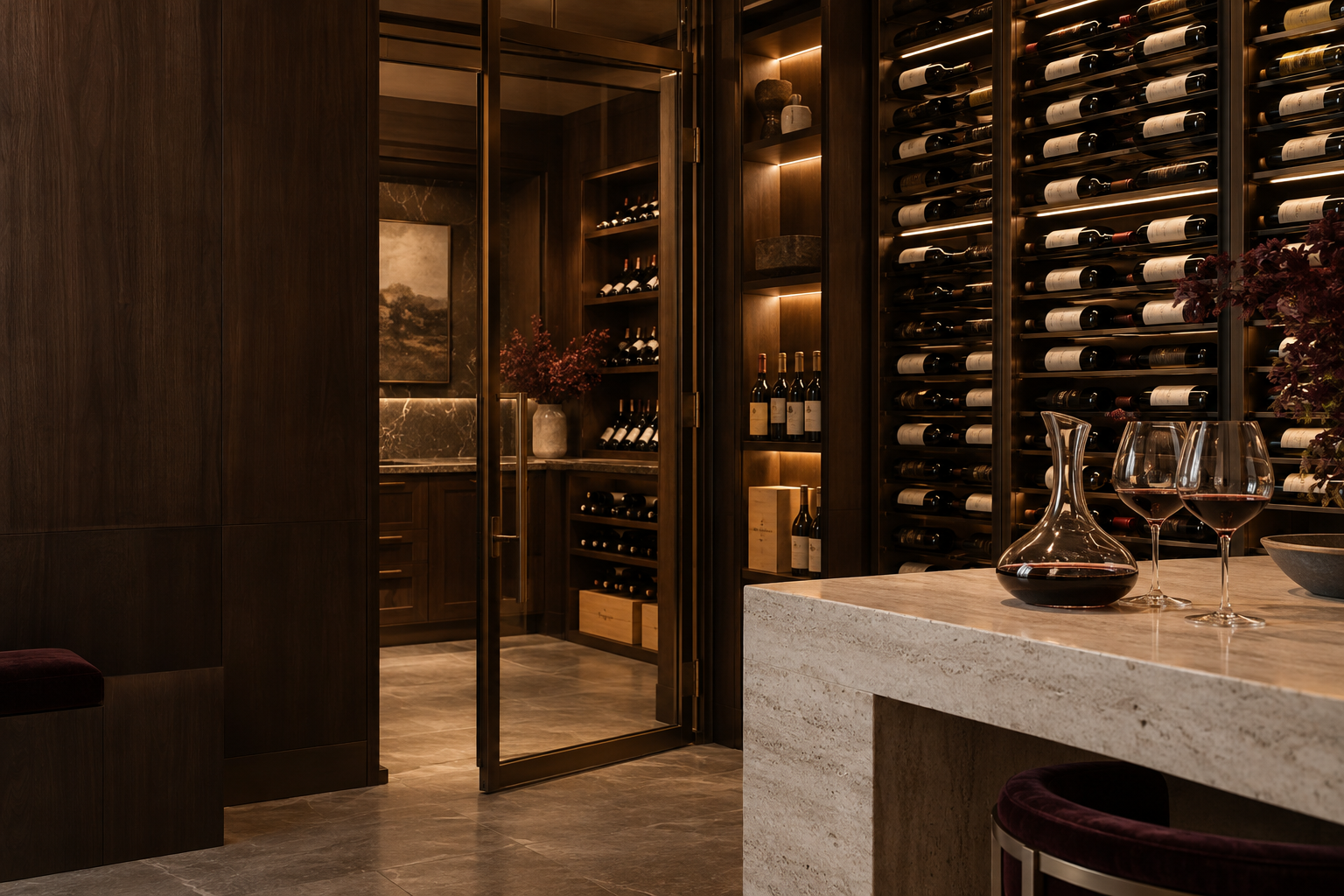 An inspirational wine cellar with warm walnut shelving and a travertine tasting counter